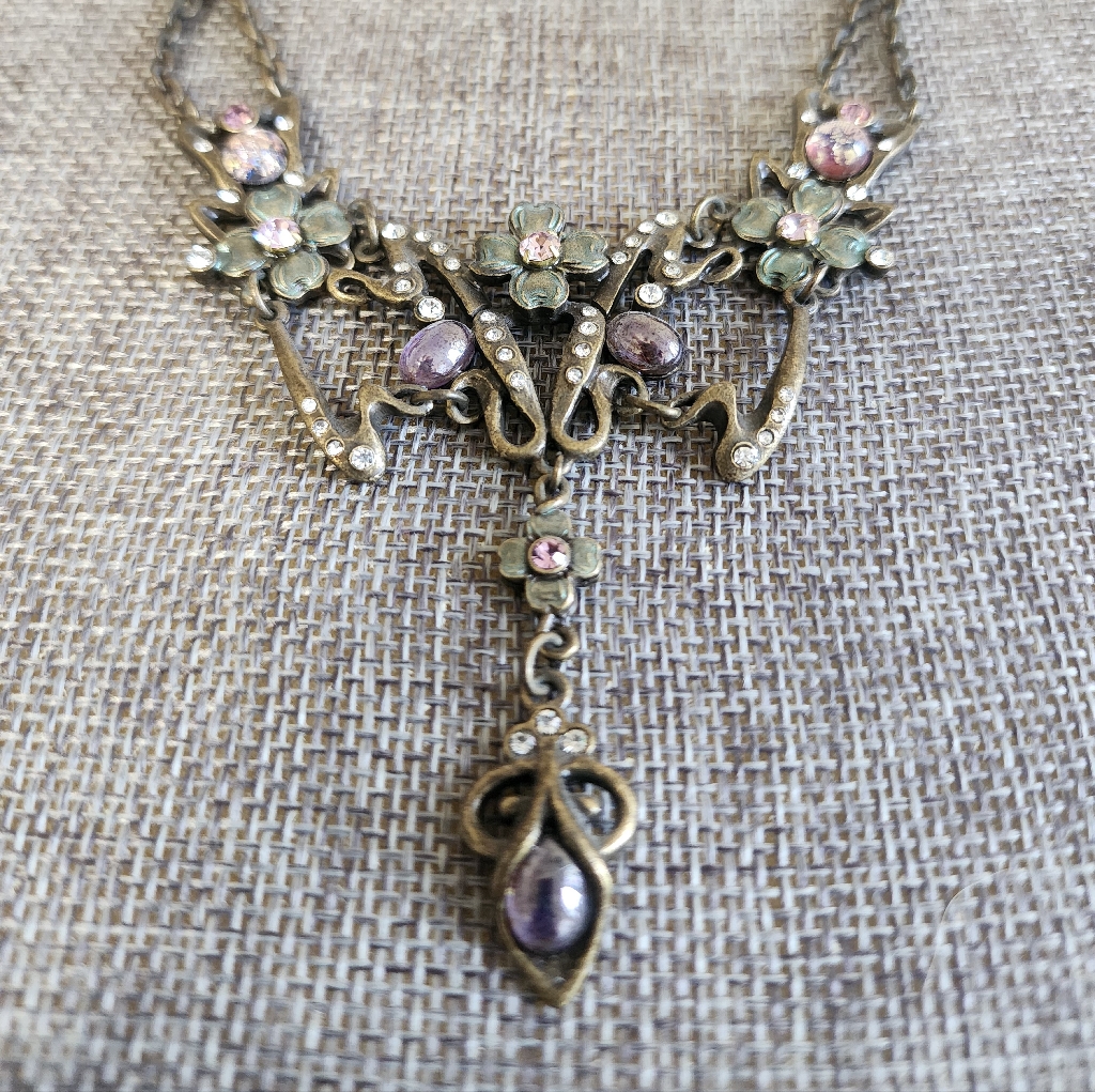Sweet Romance ,Floral Vintage Necklace With Pink And Green Accents